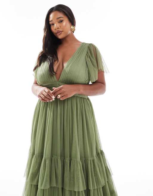 Lace Beads Plus Bridesmaid Madison midi dress in soft olive