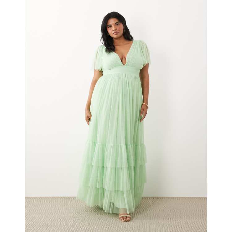 plus size tiered dress formal WEDTREND Women Plus Size Green Flower Long Bridesmaid Dress with Lace Up  Back A-Line Corset Tiered Ruffle Wedding Guest Dress main image 1