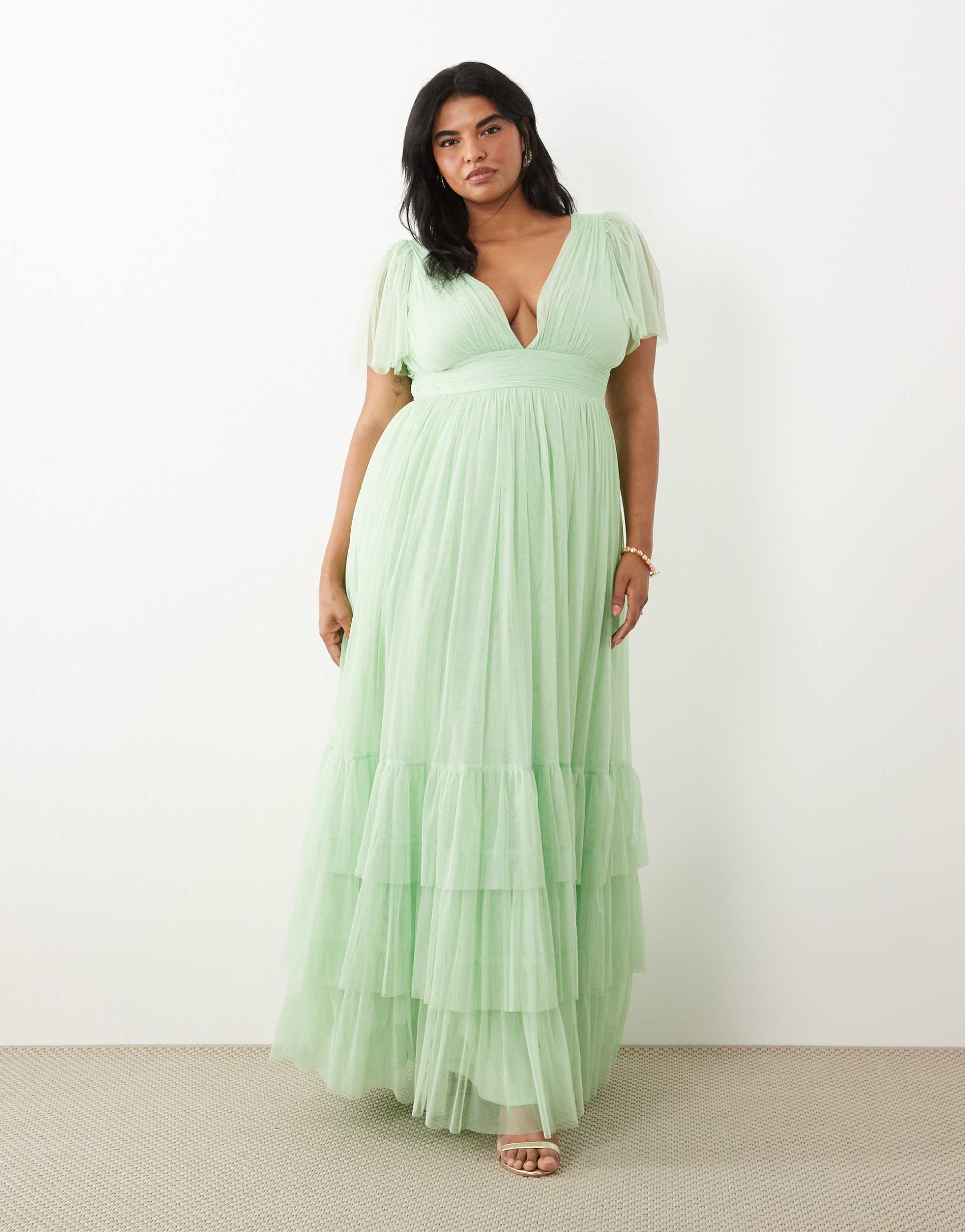 lace & beads plus bridesmaid madison smocked flutter sleeve tiered maxi dress in light sage