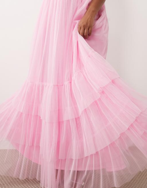 Lace & Beads Plus Bridesmaid Madison smocked flutter sleeve tiered maxi dress in sugar pink, 2 of 4