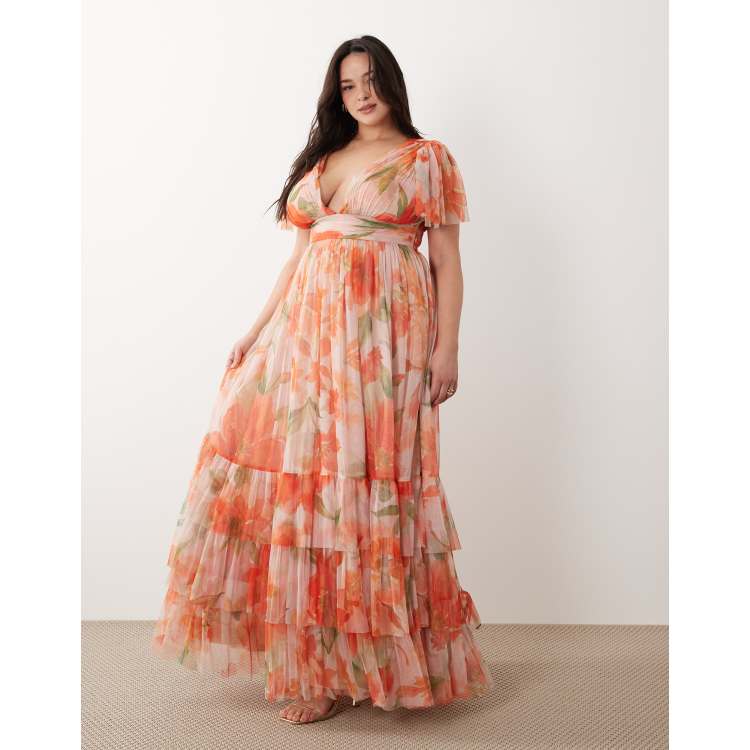 printed ruffle georgette bridesmaid dress Zapaka Women Grey Green Printed Flower Bridesmaid Dress with Slit Square Neck Chiffon Wedding Guest Dress, Grey Green / US2