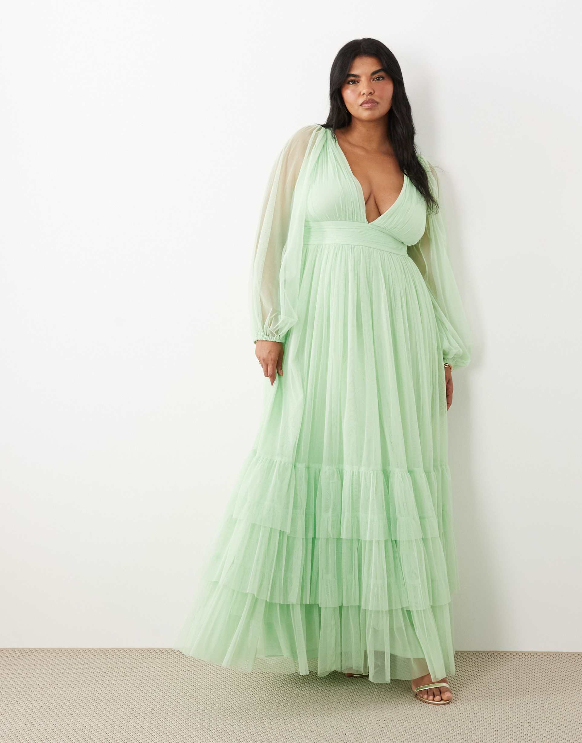 lace & beads plus bridesmaid madison smocked plunge neck sheer sleeves maxi dress in light sage