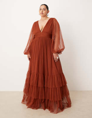 Lace & Beads Plus Lace & Beads Plus Bridesmaid Madison v neck sheer bell sleeve maxi dress in rust-Brown