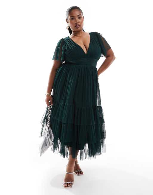 Lace Beads Plus Bridesmaid Madison v neck tulle midi dress in emerald ASOS