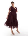 [Lace & Beads Plus] Lace & Beads Plus Bridesmaid Madison v neck tulle midi dress in plum-Purple 18 Plum