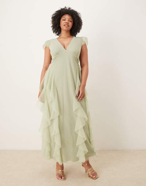 Lace & Beads Plus Bridesmaid Melody plunge neck tulle ruffled maxi dress in sage green - view 1