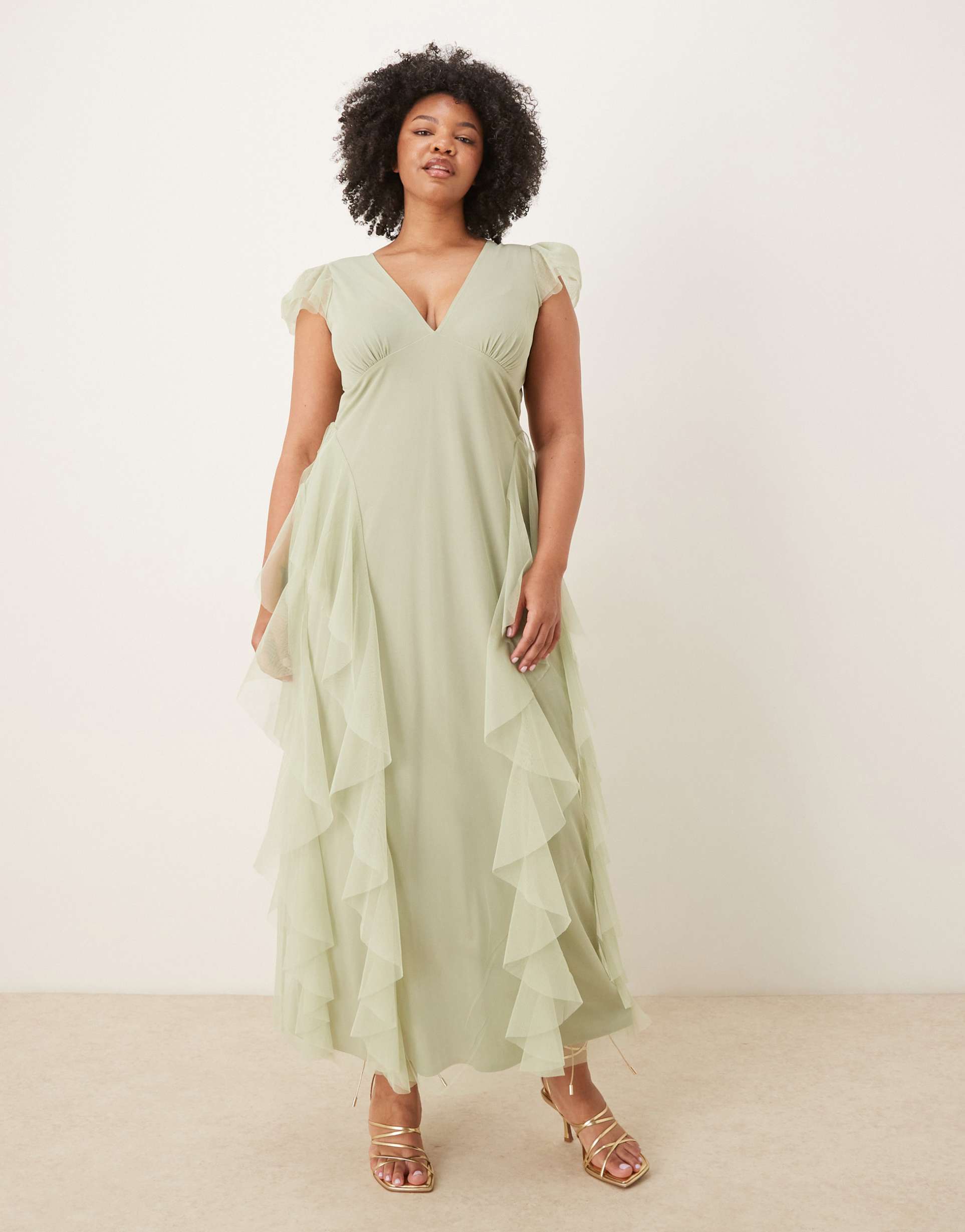lace & beads plus bridesmaid melody plunge neck tulle ruffled maxi dress in sage green