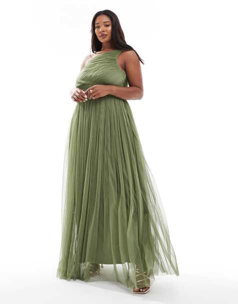 Lace & Beads Plus Bridesmaid one shoulder maxi dress in soft olive - view 1