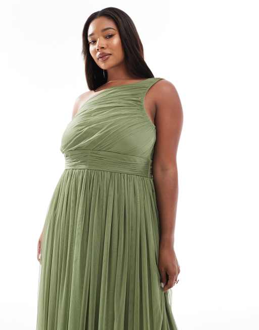 Lace & Beads Plus Bridesmaid one shoulder maxi dress in soft olive | ASOS