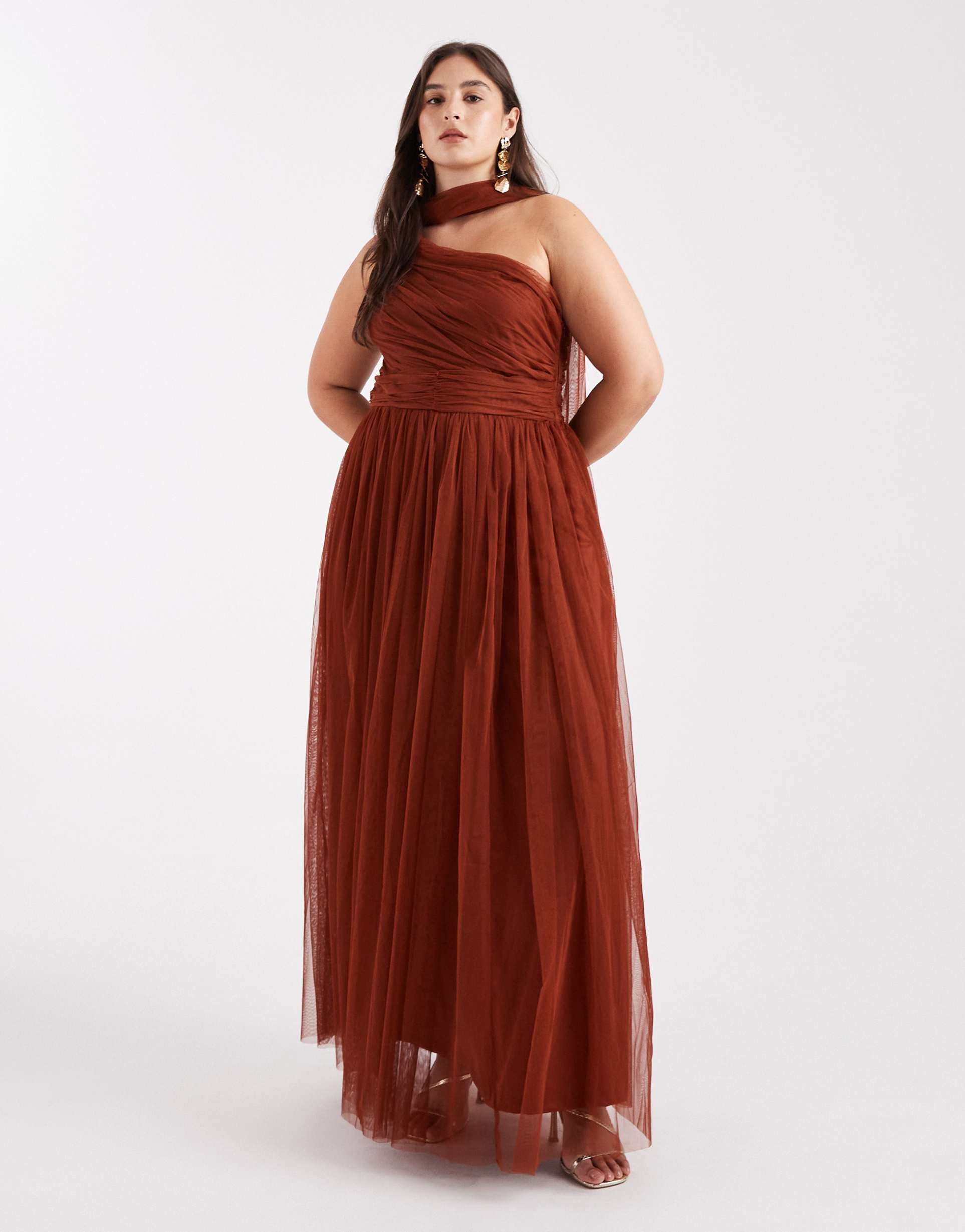 lace & beads plus bridesmaid one shoulder scarf neck maxi dress in rust