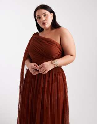 Lace & Beads Plus Bridesmaid One Shoulder Scarf Neck Maxi Dress In Brown