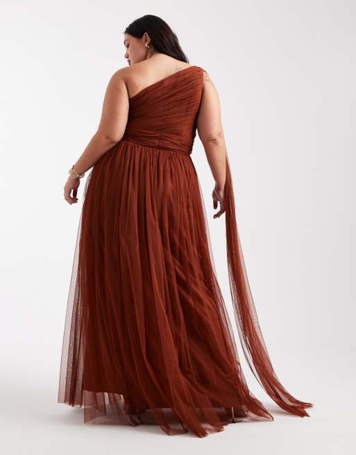 Lace & Beads Plus Bridesmaid one shoulder scarf neck maxi dress in rust