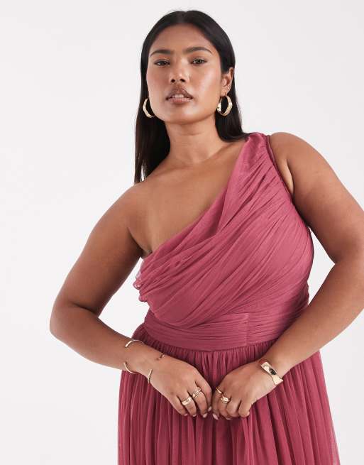 Lace & Beads Plus Bridesmaid one-shoulder tulle maxi dress in orchid, 4 of 4