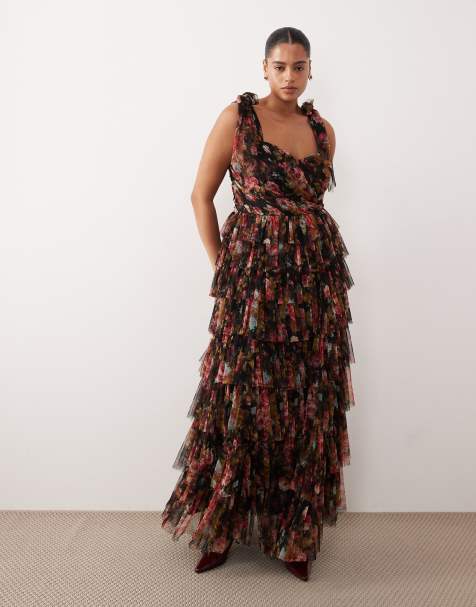 Lace & Beads Plus Bridesmaid Ophelia bow shoulder tulle maxi dress in black floral print