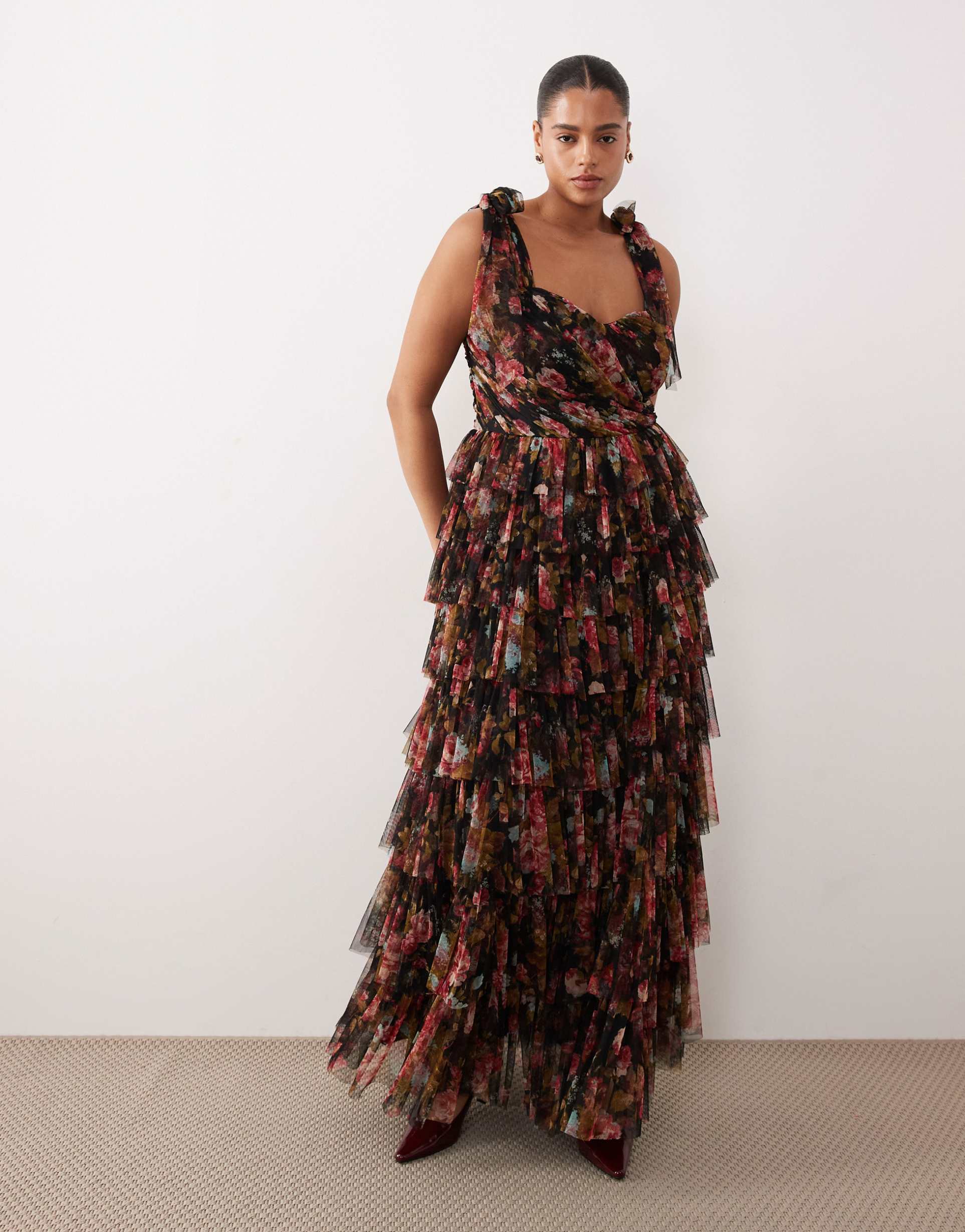 lace & beads plus bridesmaid ophelia bow shoulders tulle maxi dress in black floral print