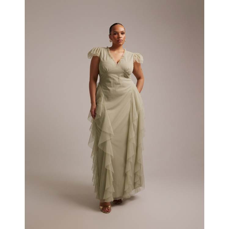 slim fit dress slacks Zapaka Women Dusty Sage Long Plus Size Bridesmaid Dress with Slit Halter Chiffon A Line Wedding Guest Dress, Dusty Sage / US26W main image 1