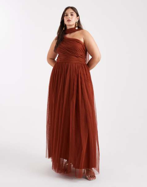 Lace & Beads Plus Bridesmaid one shoulder scarf neck maxi dress in rust