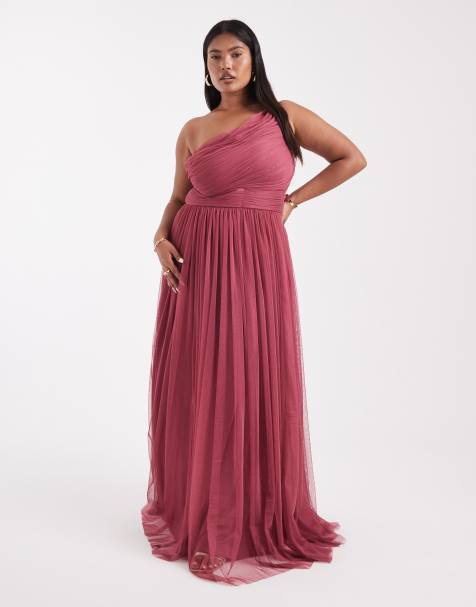 Lace & Beads Plus Bridesmaid bow shoulder tulle maxi dress in orchid