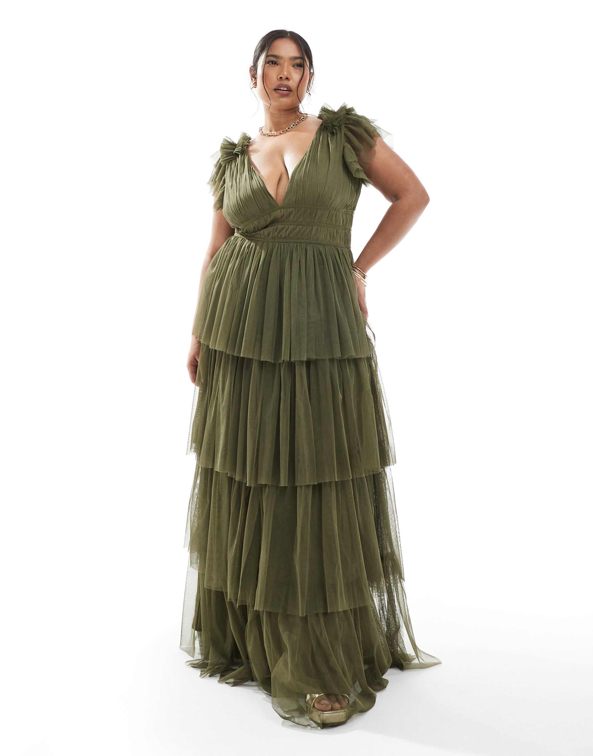 lace & beads plus bridesmaid ruffle tiered tulle maxi dress in deep olive green