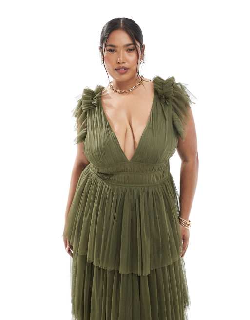 Lace & Beads Plus Bridesmaid ruffle tiered tulle maxi dress in deep olive green