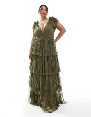 Lace & Beads Plus Lace & Beads Plus Bridesmaid ruffle tiered tulle maxi dress in deep olive-Green