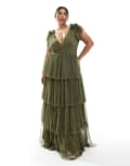 [Lace & Beads Plus] Lace & Beads Plus Bridesmaid ruffle tiered tulle maxi dress in deep olive-Green 18 Deep olive
