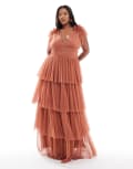 [Lace & Beads Plus] Lace & Beads Plus Bridesmaid ruffle tiered tulle maxi dress in terracotta rose-Brown 18 Terracotta Rose