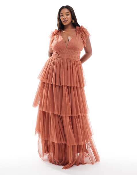 Lace & Beads Plus Bridesmaid ruffle tiered tulle maxi dress in terracotta rose