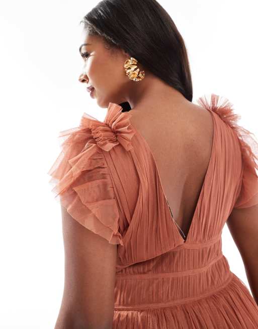 Lace & Beads Plus Bridesmaid ruffle tiered tulle maxi dress in terracotta rose