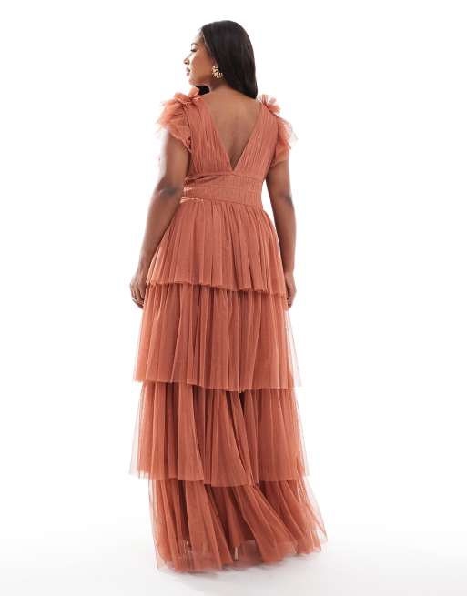 Lace & Beads Plus Bridesmaid ruffle tiered tulle maxi dress in terracotta rose