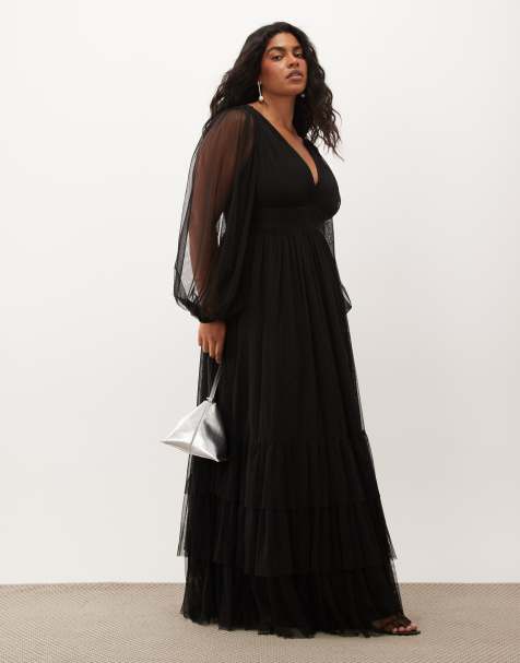 Lace & Beads Plus Bridesmaid sheer mesh sleeve plunge neck tiered maxi dress in black - view 1
