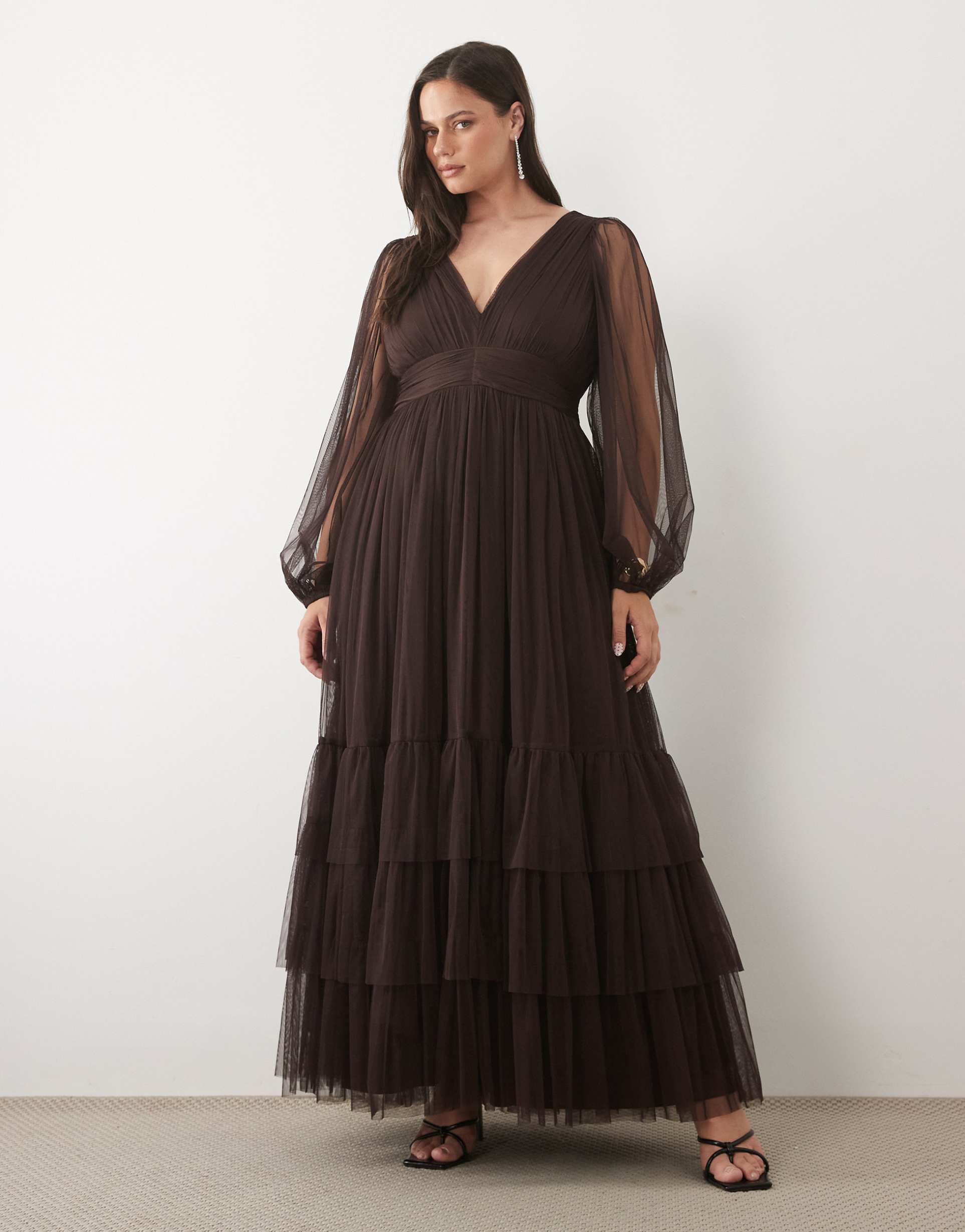 lace & beads plus bridesmaid sheer mesh sleeves plunge neck tiered maxi dress in chocolate plum