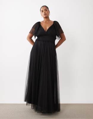 Lace & Beads Plus Bridesmaid Shirred Waist V Neck Mesh Flutter Sleeve Maxi Dress In Black