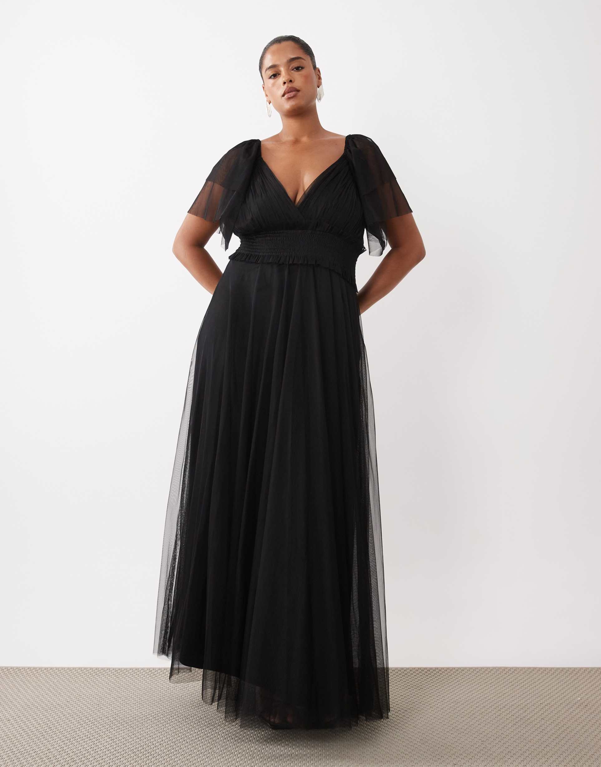 lace & beads plus bridesmaid shirred waist v-neck mesh flutter sleeve maxi dress in black
