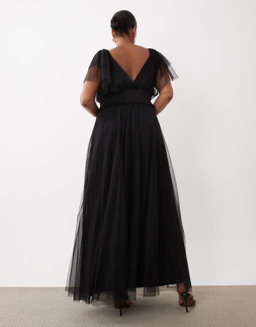 Lace & Beads Plus Bridesmaid shirred waist v-neck mesh flutter sleeve maxi dress in black, 4 of 4