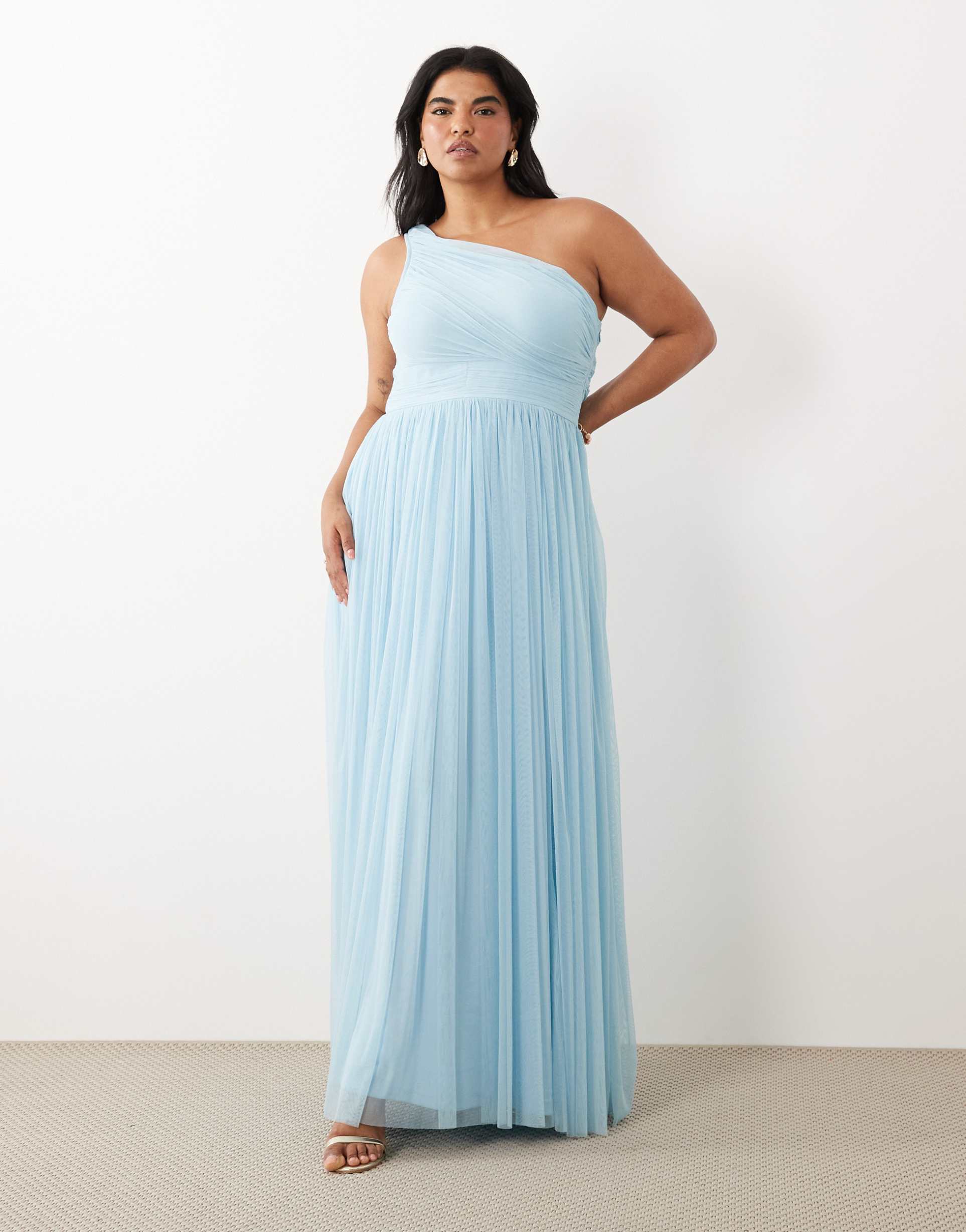 lace & beads plus bridesmaid tulle one shoulder fitted waist maxi dress in soft blue