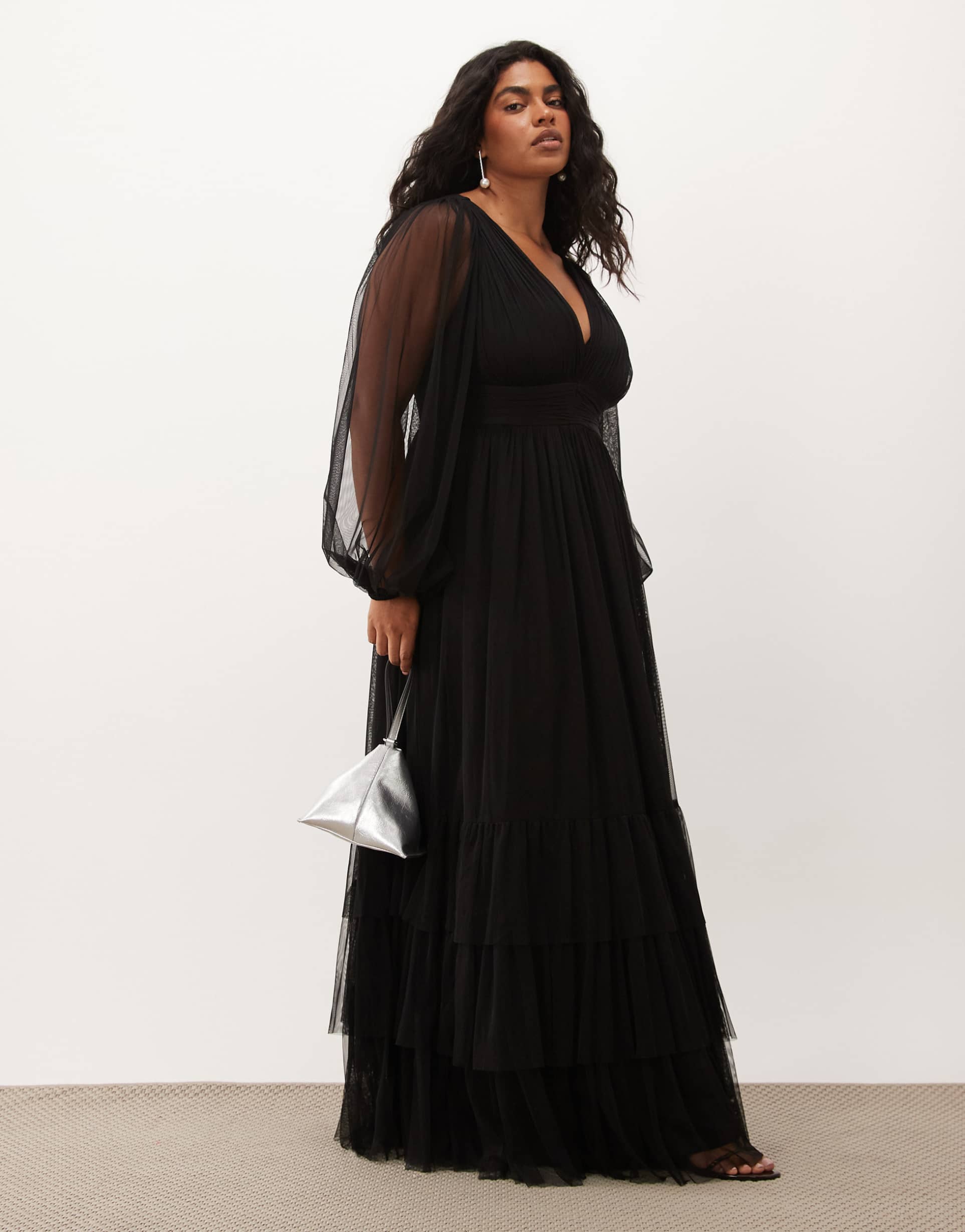 lace & beads plus bridesmaid tulle sheer sleeve plunge neck tiered maxi dress in black