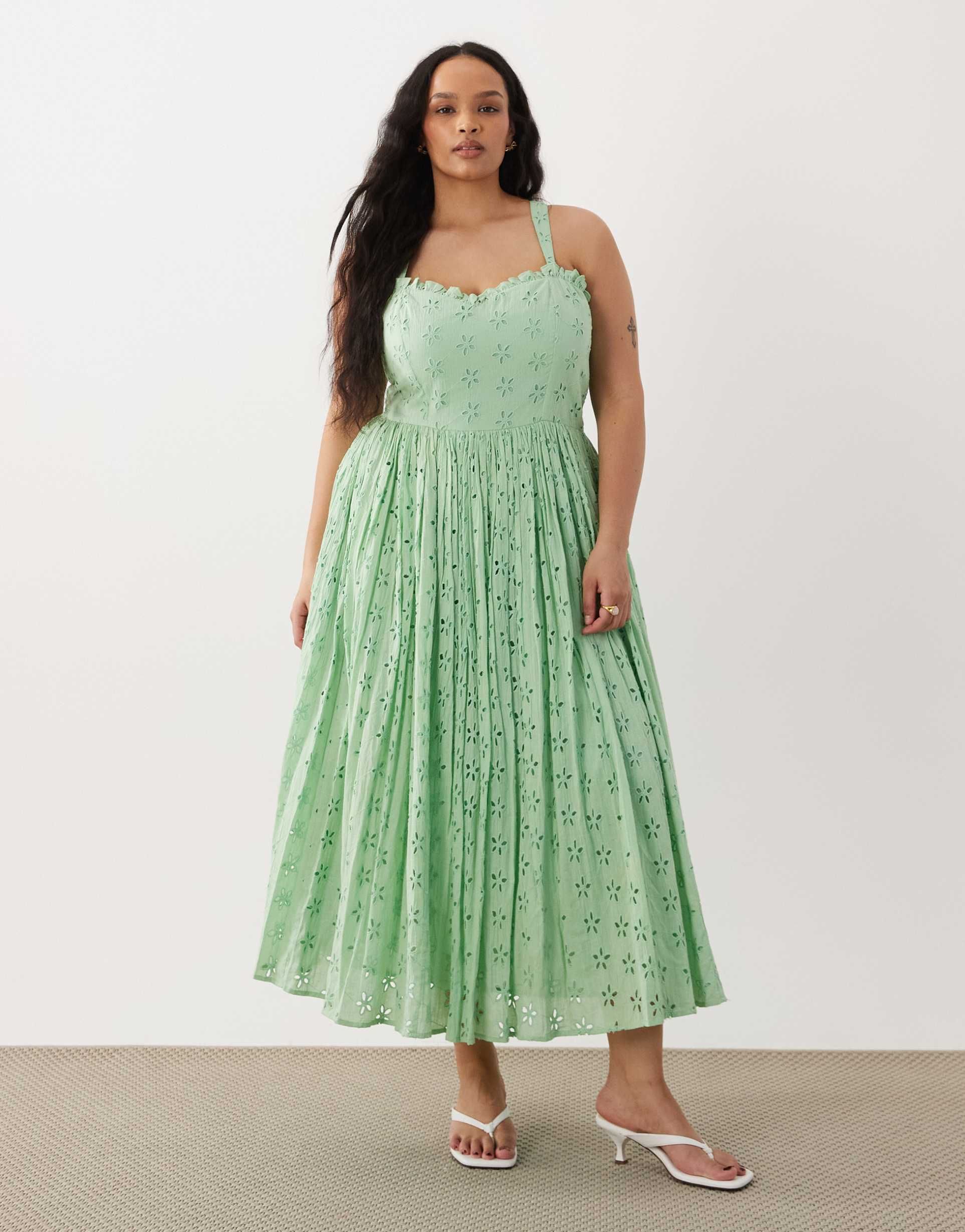 lace & beads plus broderie cotton corset midaxi dress in bright green