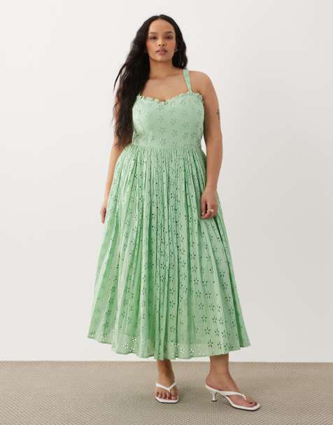 Lace & Beads Plus broderie cotton corset midaxi dress in bright green