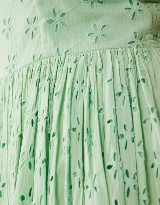 Lace & Beads Plus broderie cotton corset midaxi dress in bright green, 3 of 4