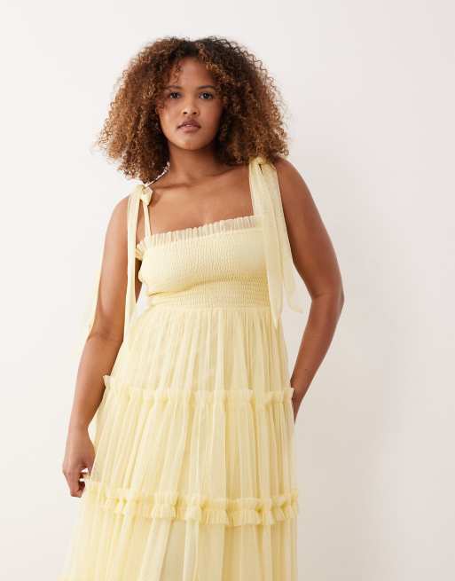 Lace & Beads Plus - Brudepiger - Citrongul midikjole i tyl med sløjfer på skuldrene, 4 af 4