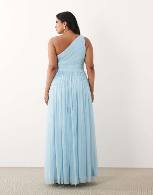 Lace & Beads Plus - Brudepiger - Lyseblå maxikjole i tyl med tætsiddende talje og oneshoulder-design, 4 af 4