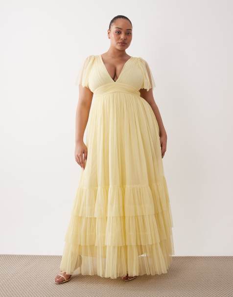 Lace & Beads Plus - Brudepiger - Madison - Citrongul maxikjole med flagreærmer - view 1