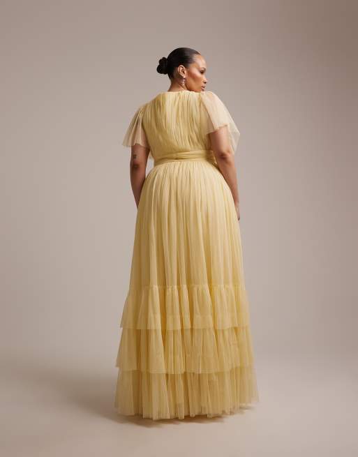 Lace & Beads Plus - Brudepiger - Madison - Citrongul maxikjole med flagreærmer, 5 af 5
