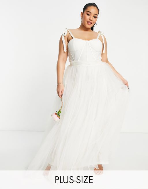Lace & Beads Plus - Bruidskleding - Midi-jurk van tule met gestrikte schouderbandjes en korset in ivoor