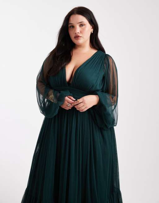 Lace & Beads Plus - Bruidsmeisjes - Madison - Maxi jurk met lange mouwen in bosgroen, 4 van 4