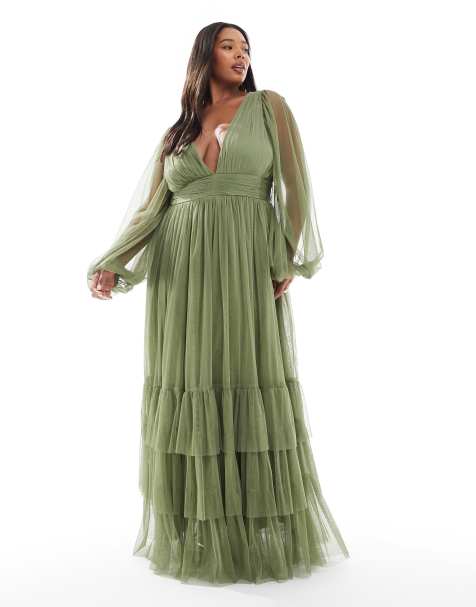 Lace & Beads Plus - Bruidsmeisjes - Madison - Maxi-jurk met lange mouwen in zacht olijfgroen - view 1