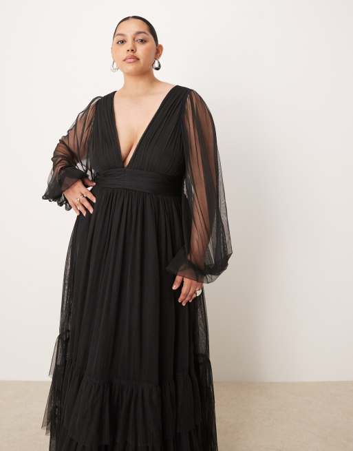 Lace & Beads Plus - Bruidsmeisjes - Madison - Maxi jurk met lange mouwen in zwart, 3 van 4