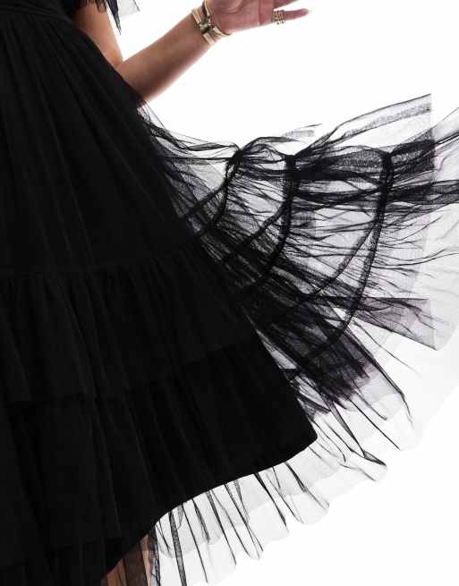 Lace & Beads Plus - Bruidsmeisjes - Madison - Midi jurk van tule met V-hals in zwart, 3 van 4