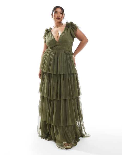 Lace & Beads Plus - Bruidsmeisjes - Maxi jurk van tule met ruches en stroken in diep olijfgroen - view 1